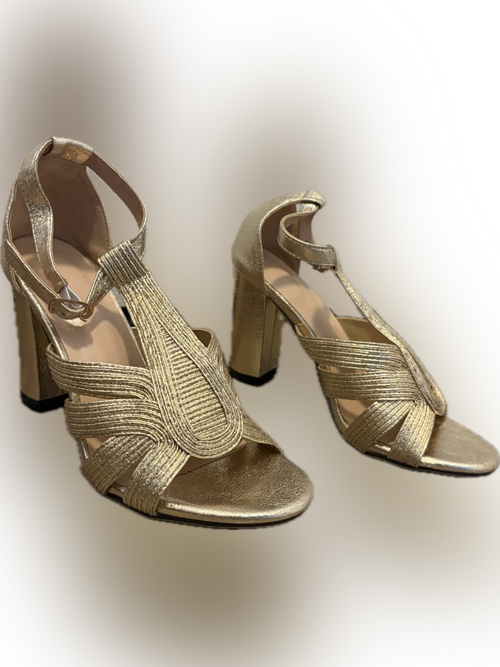Gold Strappy Block Heel Sandals - Women's Dress Shoes
